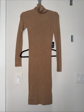 Express Camel Ribbed Turtleneck Long Sleeve Dress